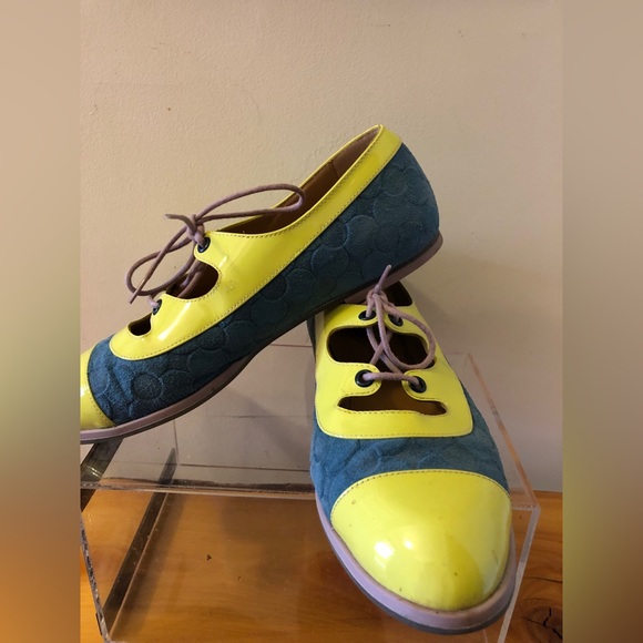 John Fluevog Shoes - John Fluevog Size 9 flats,suede with flower pattern and yellow patent leather.